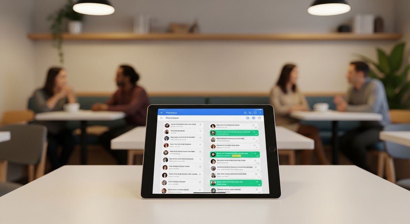 Màn hình máy tính bảng hiển thị nhóm chat Messenger sôi động tại quán cà phê hiện đại, minh họa lợi ích của cách tạo nhóm trên Messenger để kết nối cộng đồng.
