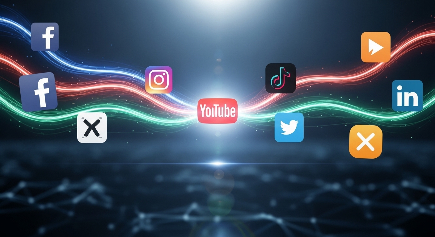 Hình ảnh các nền tảng mạng xã hội (Facebook, Instagram, TikTok, X) hội tụ quanh logo YouTube trung tâm, minh họa chiến lược hiệu quả để tăng like Youtube và mở rộng phạm vi tiếp cận.