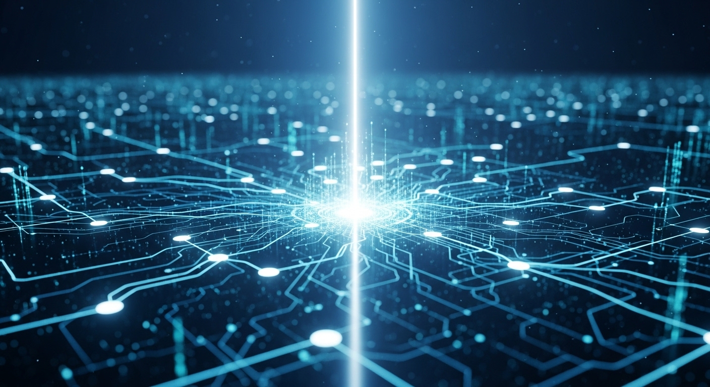 Hình ảnh kỹ thuật số động với các điểm sáng kết nối, tượng trưng cho sự đổi mới và tiềm năng AI vô hạn, minh họa khả năng sáng tạo nội dung số hiện đại, như cách tạo video Veo 3 trên Canva.