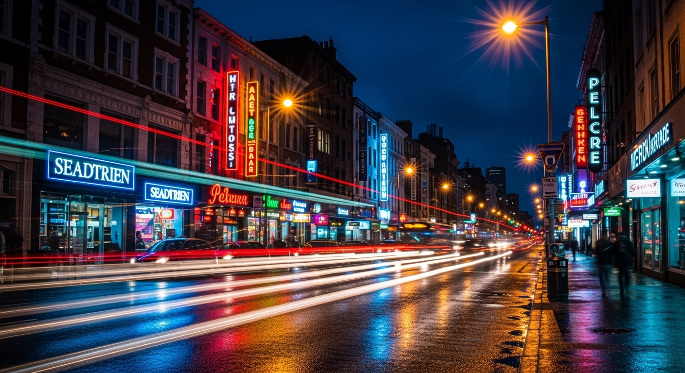 Ảnh chụp phơi sáng động cảnh đường phố đêm nhộn nhịp, với vệt sáng màu sắc từ xe cộ và đèn neon rực rỡ. Một khung cảnh đầy năng lượng, mang lại ý tưởng cho cách tạo video Veo 3 bằng Canva.