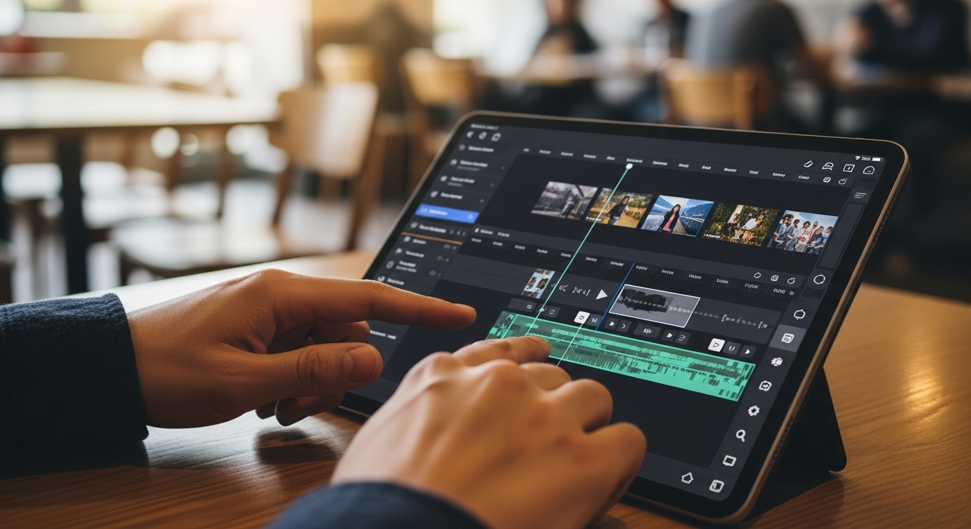 Cận cảnh bàn tay sử dụng máy tính bảng để chỉnh sửa video trong quán cà phê, minh họa cách làm video trên Canva hiệu quả và tiện lợi ngay cả khi di chuyển.