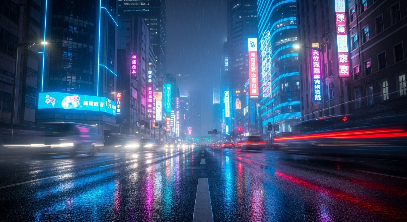 Cảnh đường phố đêm thành phố tương lai nhộn nhịp với ánh đèn neon xanh, tím, hồng rực rỡ phản chiếu trên mặt đường ướt, tạo nên một hình ảnh điện ảnh lý tưởng để tạo video từ ảnh trong Canva AI.