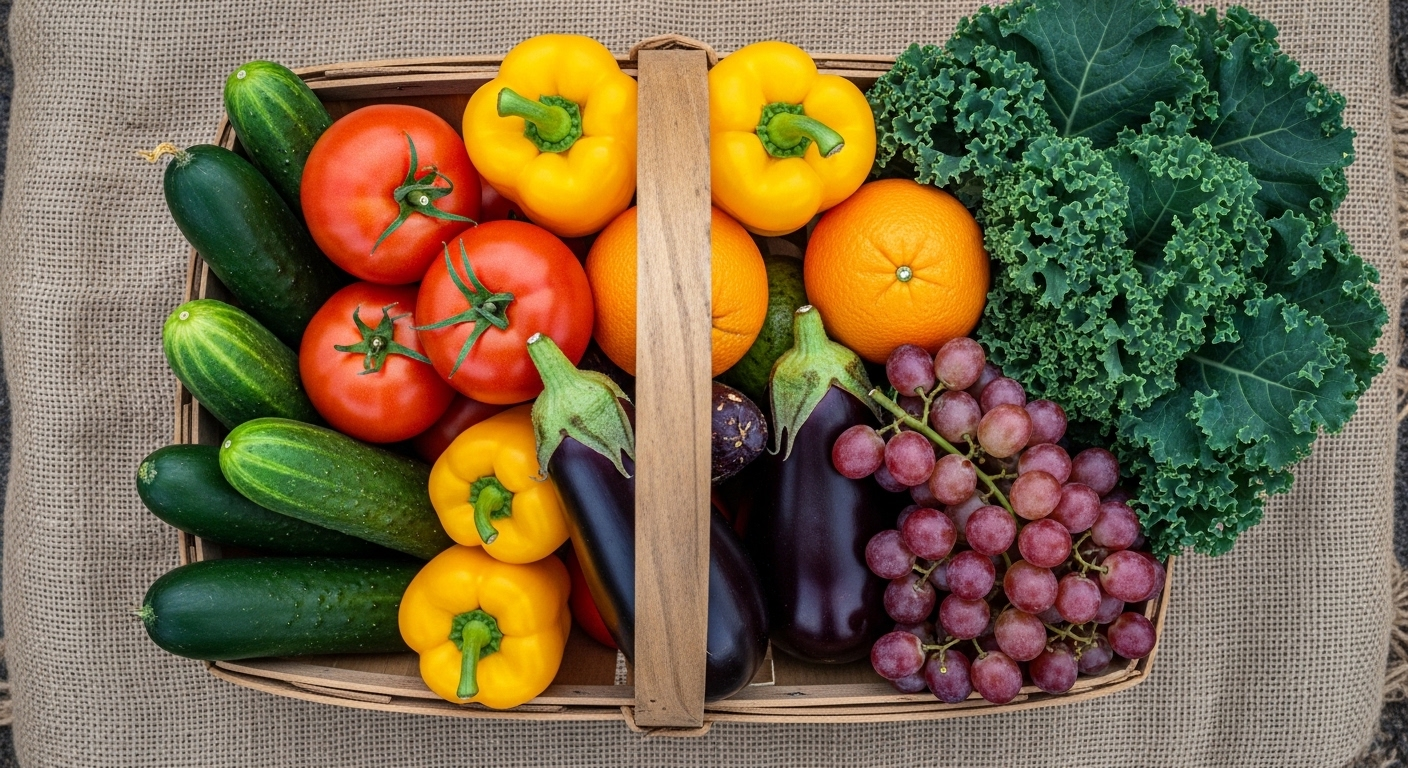 Giỏ gỗ mộc mạc đầy ắp rau củ quả hữu cơ tươi mới, đầy màu sắc (cà chua, dưa chuột, ớt chuông) trên nền vải bố. Phù hợp để tạo video bán nông sản thu hút.