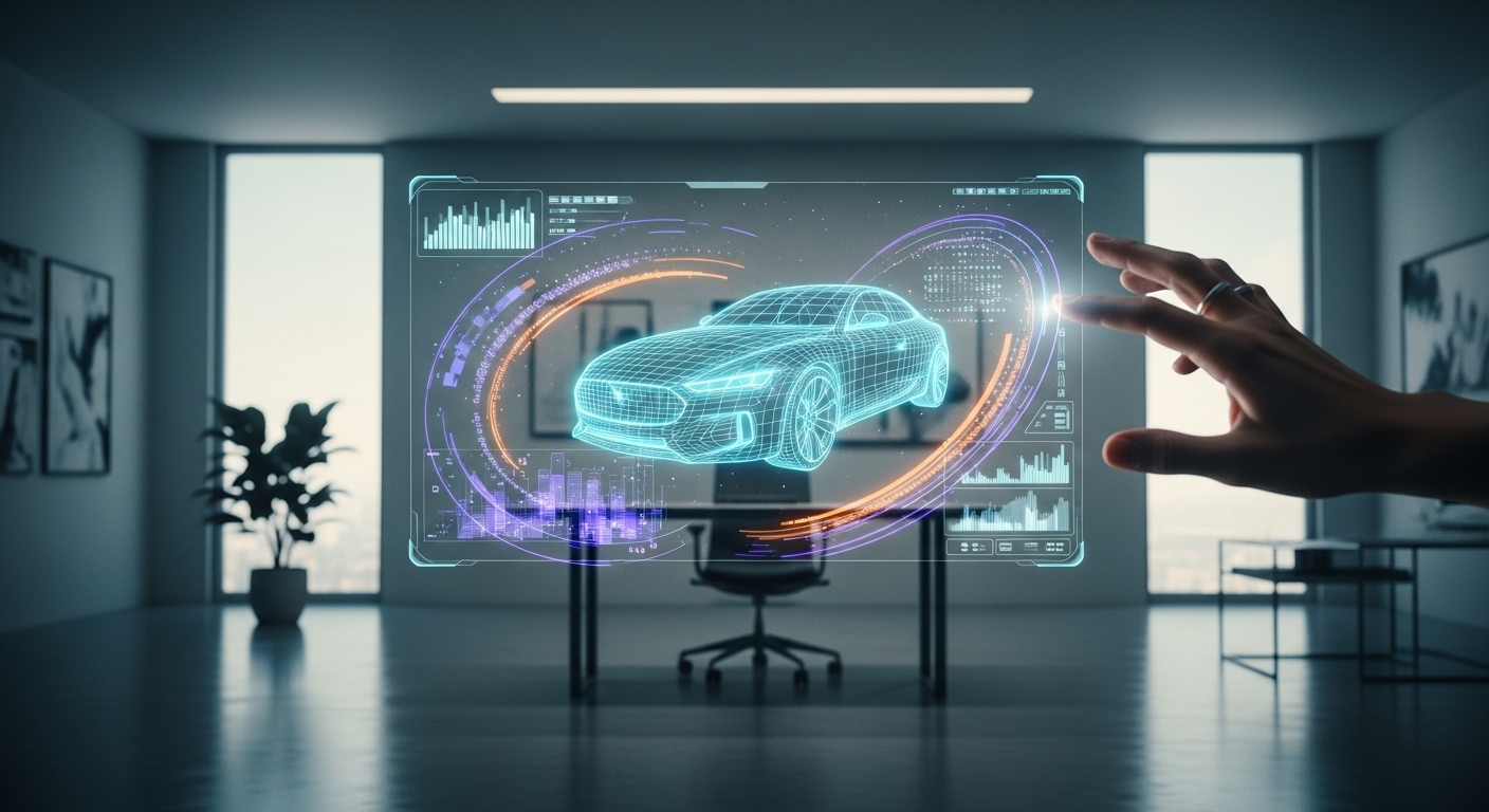 Studio thiết kế tương lai với màn hình ba chiều hiển thị đồ họa 3D phức tạp. Bàn tay tương tác mượt mà, thể hiện sự cộng tác với AI trong thiết kế, ví dụ cách sử dụng Canva AI để tạo tác phẩm đột phá.