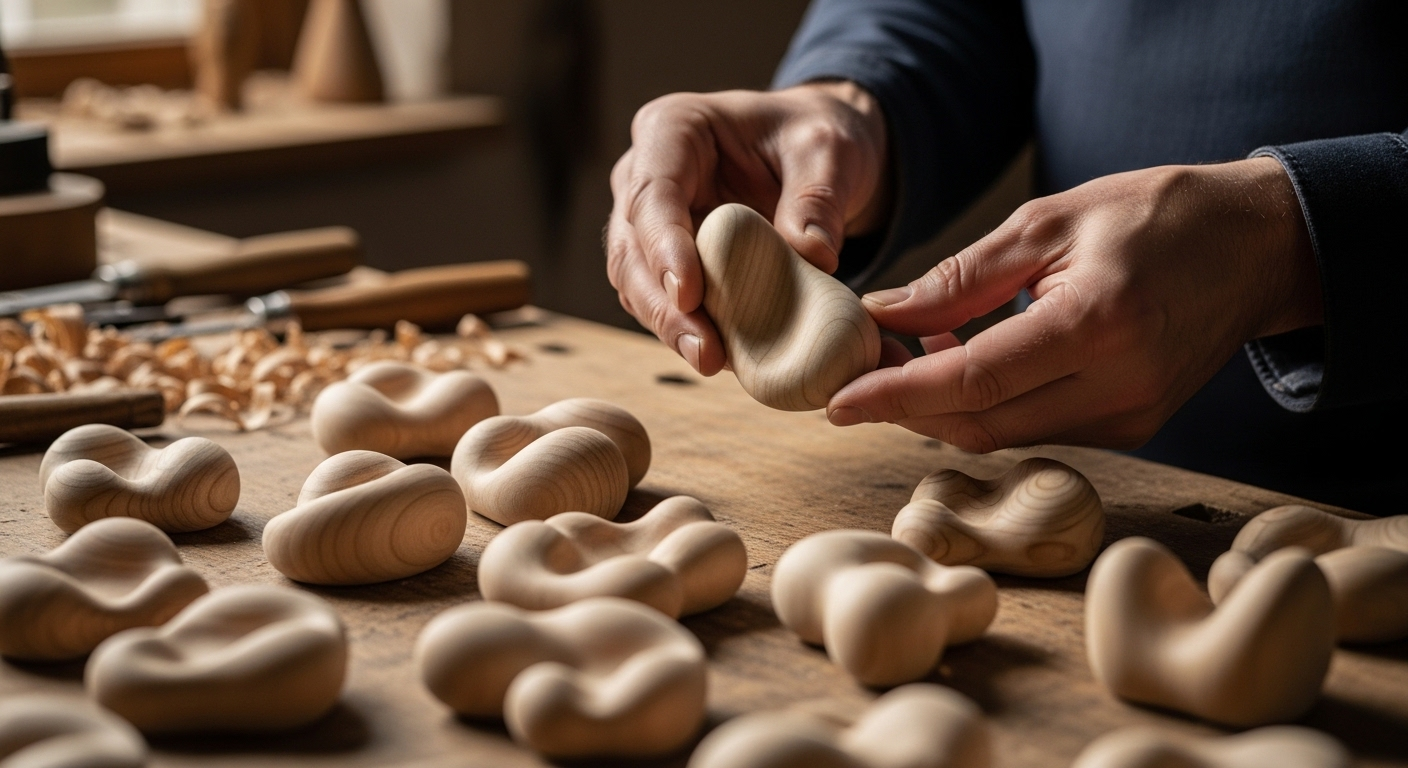 Bàn tay thợ thủ công tỉ mỉ cầm tác phẩm chạm khắc gỗ trừu tượng độc đáo, thể hiện sự sáng tạo và cách sử dụng Canva icon để thiết kế.