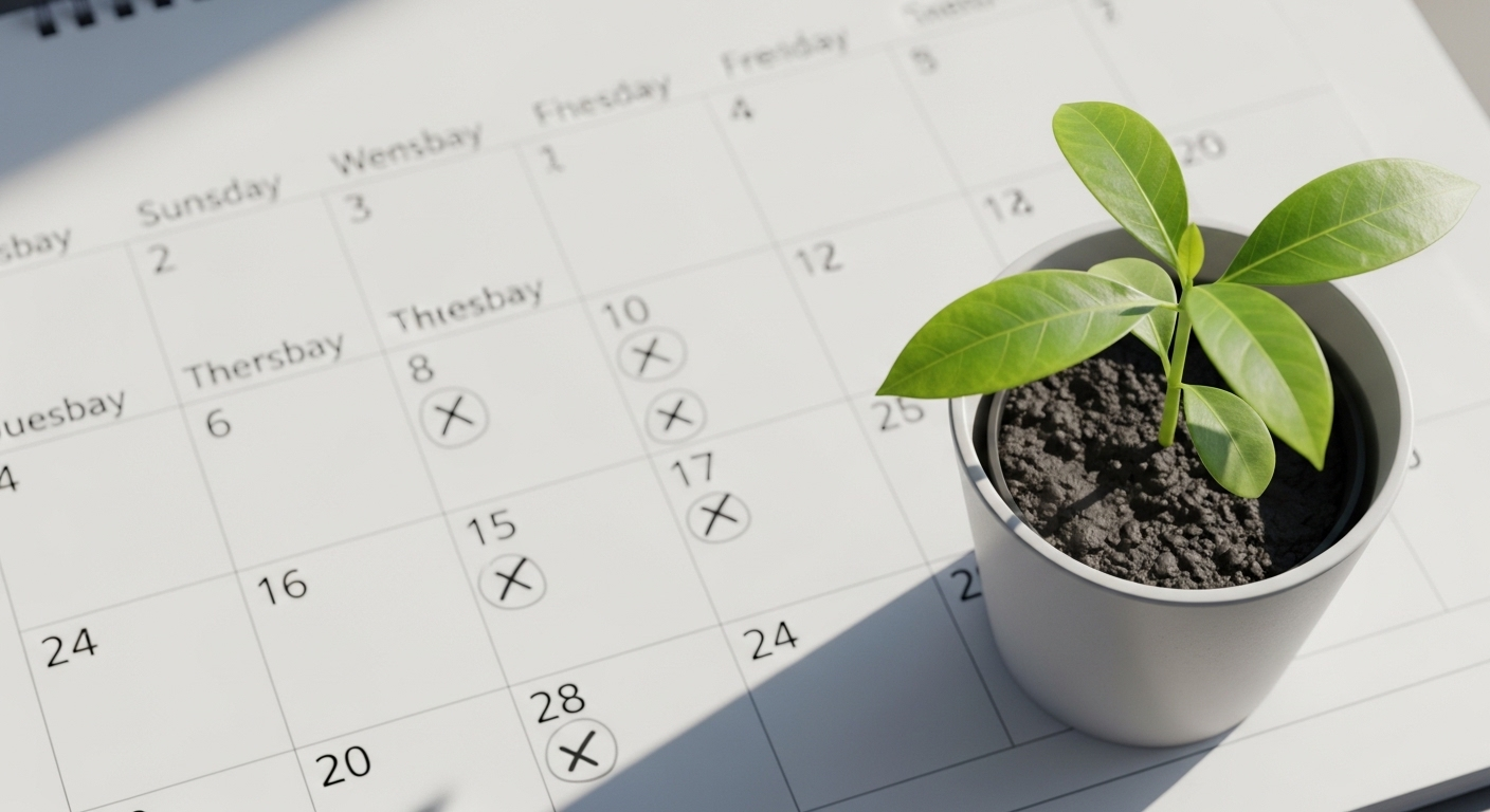 Lịch ghi chú ngày đăng video YouTube đều đặn bên cạnh cây xanh phát triển, minh họa cách tăng view Youtube bền vững và tự nhiên.
