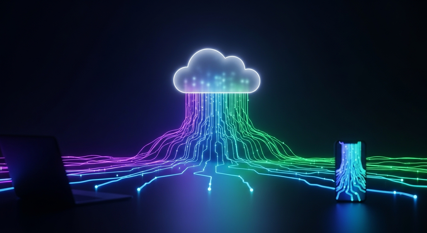 Hình ảnh trừu tượng dòng dữ liệu số từ laptop, điện thoại vào đám mây an toàn. Tìm hiểu cách lưu ảnh trên Canva và các tài liệu số khác để lưu trữ hiệu quả.