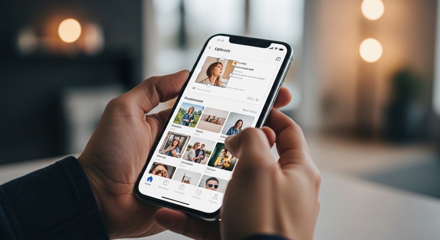 Tay cầm điện thoại hiển thị thư viện ảnh cá nhân trên ứng dụng thiết kế, sẵn sàng chèn ảnh vào Canva hoặc các dự án sáng tạo khác.