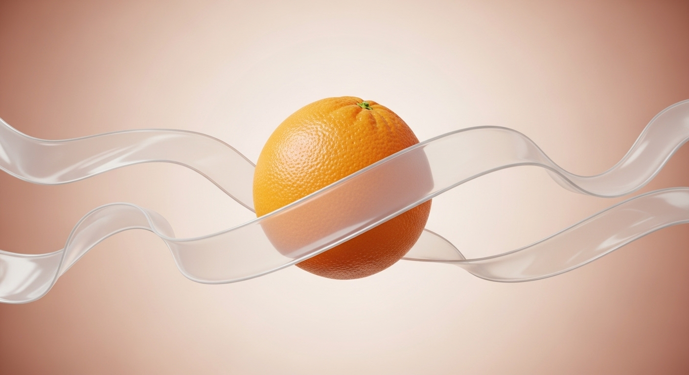 Ảnh cam chín hoàn hảo lơ lửng, dải lụa trắng mềm mại uốn lượn trên nền đào. Minh họa hiệu quả kỹ thuật tách nền bằng Canva.