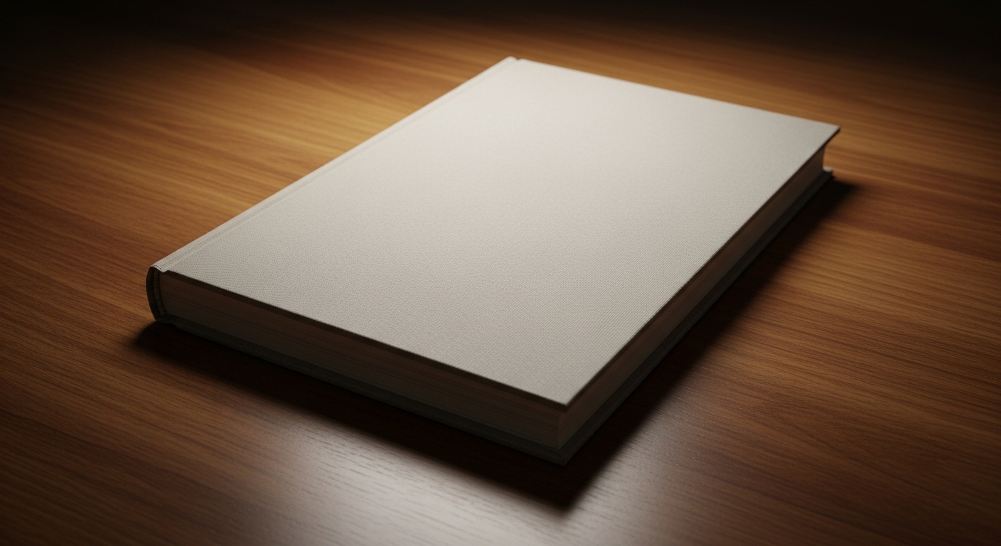 Sách bìa cứng màu be trơn, đặt tinh tế trên bàn gỗ tối màu, lý tưởng để trình bày thiết kế và minh họa cách làm mockup trên Canva.