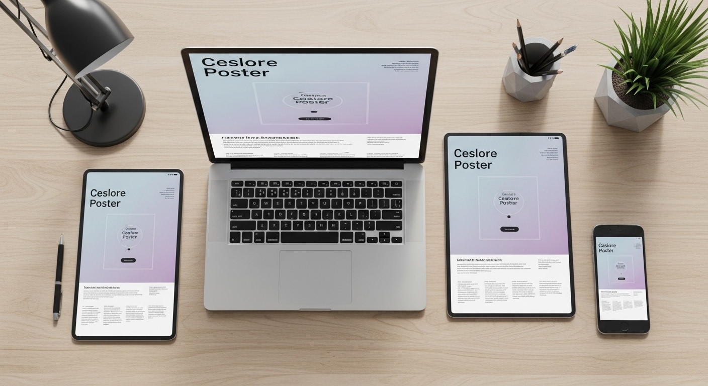 Laptop, tablet và smartphone trên bàn làm việc hiện đại hiển thị quá trình thiết kế poster đồng nhất, minh họa cách làm poster trên canva.