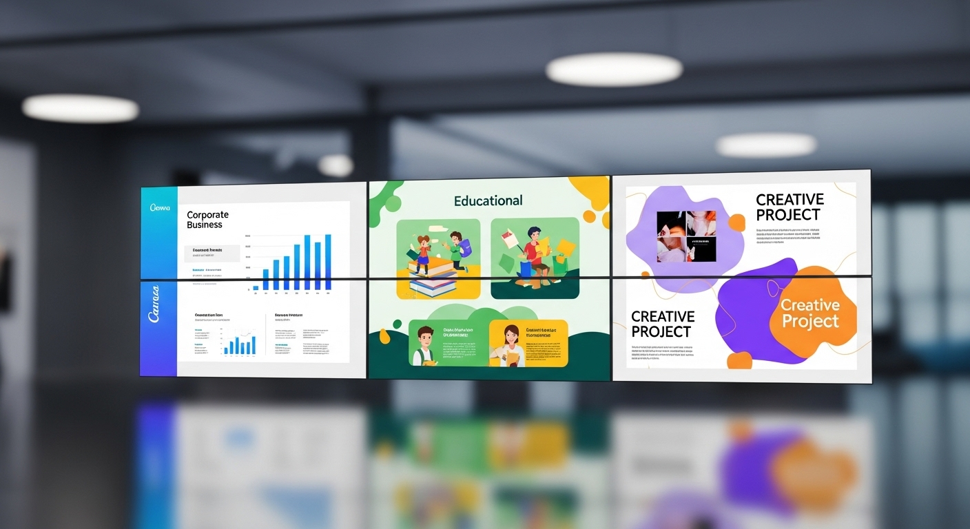 Màn hình kỹ thuật số lớn trình chiếu ba mẫu Canva độc đáo (kinh doanh, giáo dục, sáng tạo), thể hiện cách làm slide trên Canva ấn tượng và đa năng.