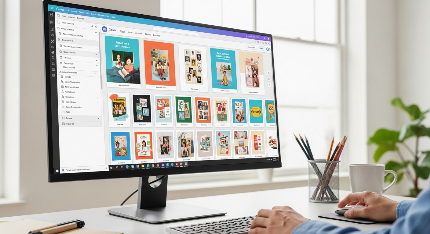 Không gian làm việc sáng tạo với màn hình hiển thị giao diện Canva đầy đủ các mẫu, hình ảnh và yếu tố đồ họa sống động. Nhà thiết kế đang thực hiện thao tác kéo thả nhanh chóng, minh họa sự dễ dàng khi tạo bản trình bày và tìm hiểu cách chuyển từ Canva sang PowerPoint.