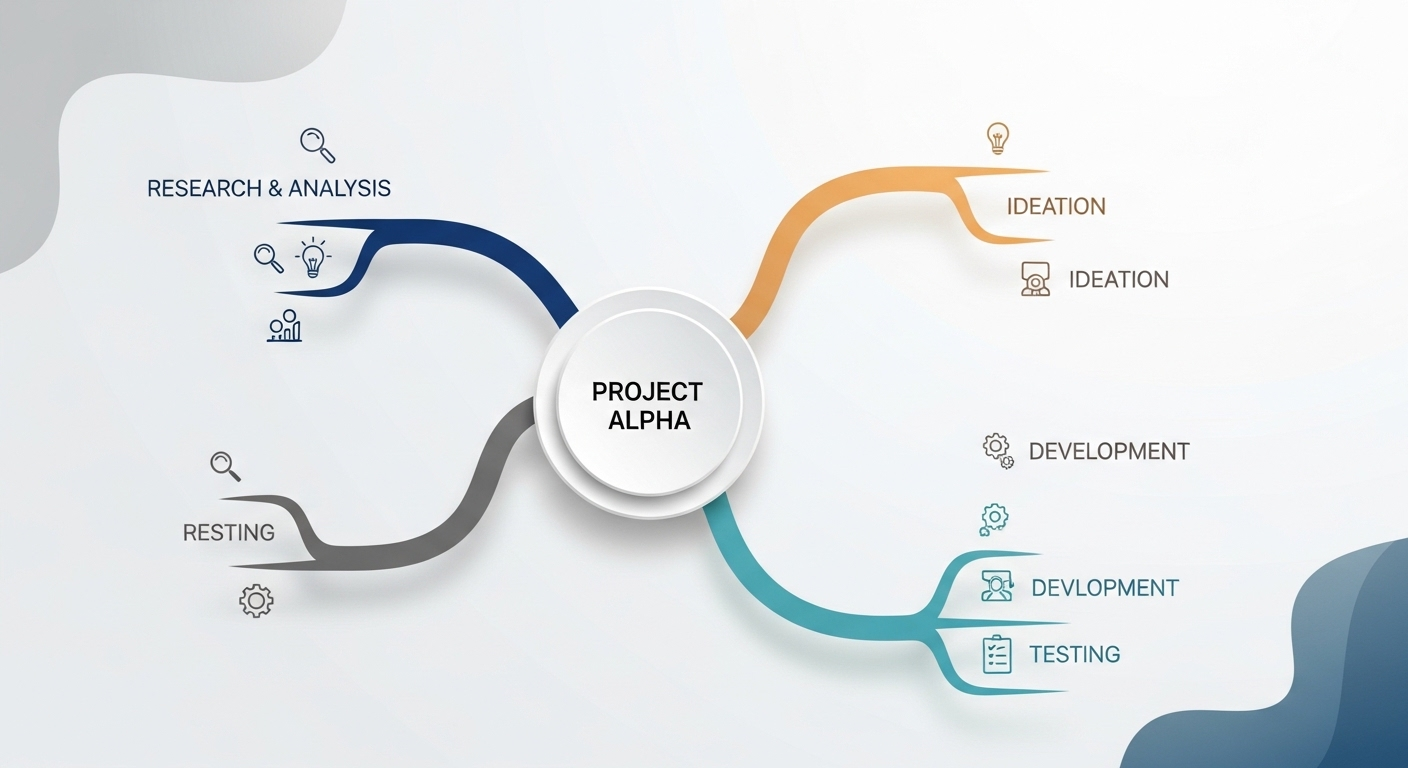 Sơ đồ tư duy chuyên nghiệp, hiện đại, minh họa cách làm mindmap trên Canva với nhánh cong mượt mà, màu sắc hài hòa và icon tối giản.