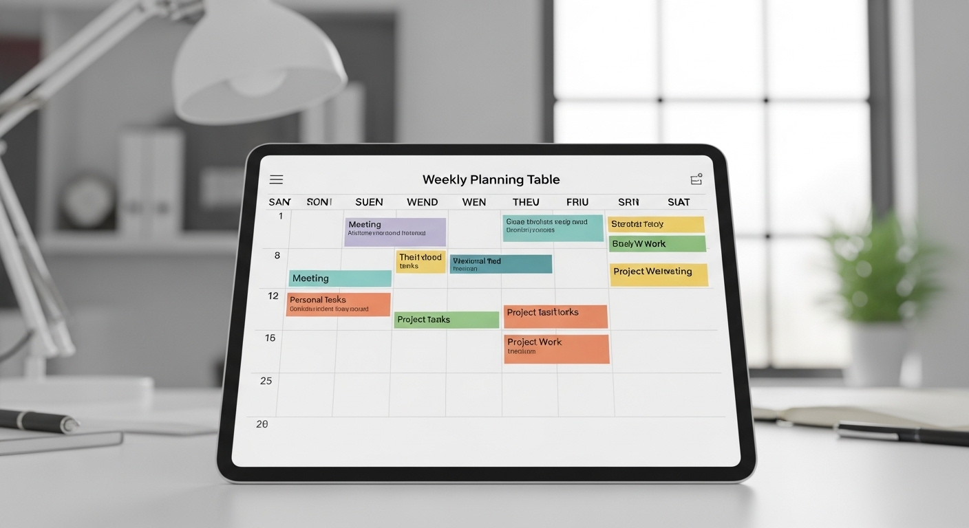 Bảng kế hoạch tuần kỹ thuật số hiện đại trên máy tính bảng, hiển thị rõ ràng các nhiệm vụ được mã màu. Đây là ví dụ trực quan về tổ chức công việc hiệu quả, minh họa cho cách tạo bảng trong Canva chuyên nghiệp.
