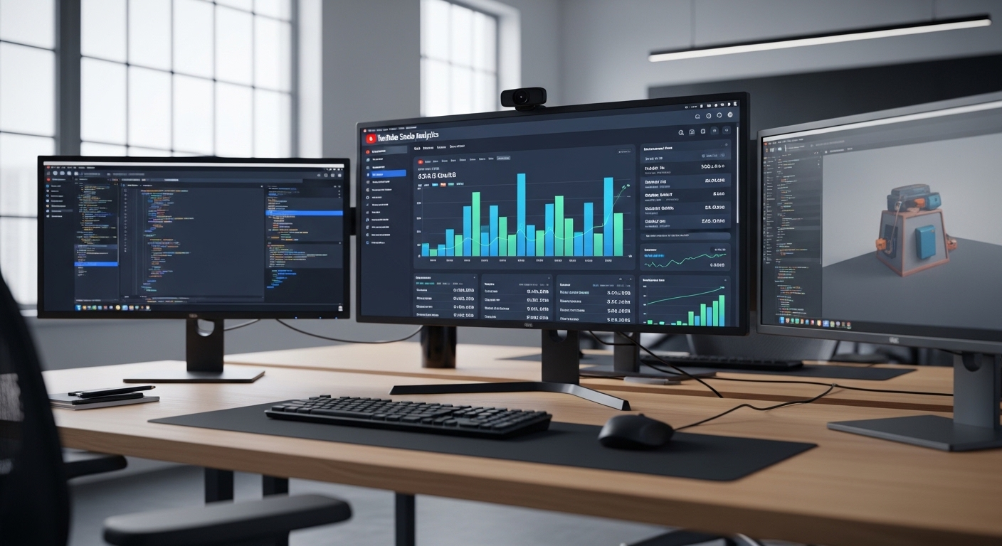 Màn hình trong không gian làm việc hiện đại hiển thị bảng điều khiển YouTube Studio Analytics với các biểu đồ tăng trưởng và số liệu chi tiết về hiệu suất video, hỗ trợ tăng Like Youtube hiệu quả.