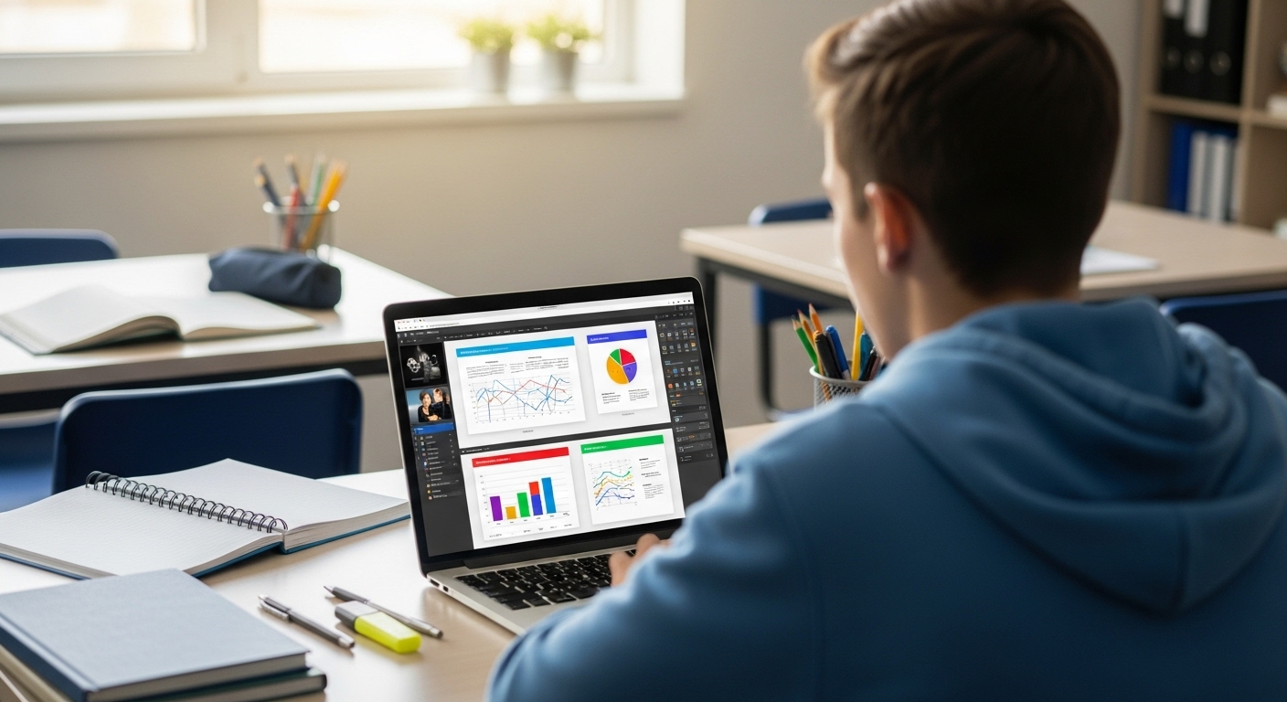 Học sinh ngồi bàn học gọn gàng, tập trung vào màn hình laptop hiển thị bài thuyết trình số sắc nét với đồ họa và biểu đồ. Nâng tầm thiết kế của bạn bằng cách đăng ký Canva Pro miễn phí.