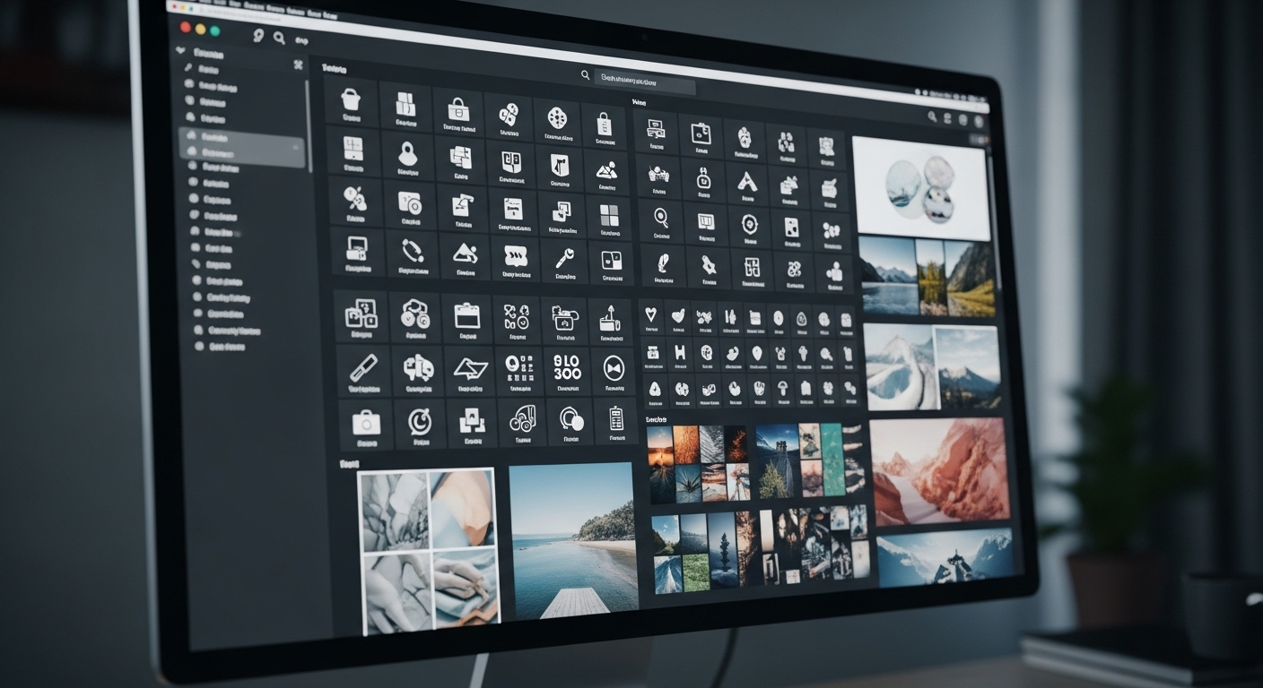 Màn hình máy tính hiển thị thư viện tài nguyên thiết kế kỹ thuật số đa dạng với biểu tượng, font chữ và hình ảnh chất lượng cao, hỗ trợ tối ưu việc kiếm tiền bằng Canva.