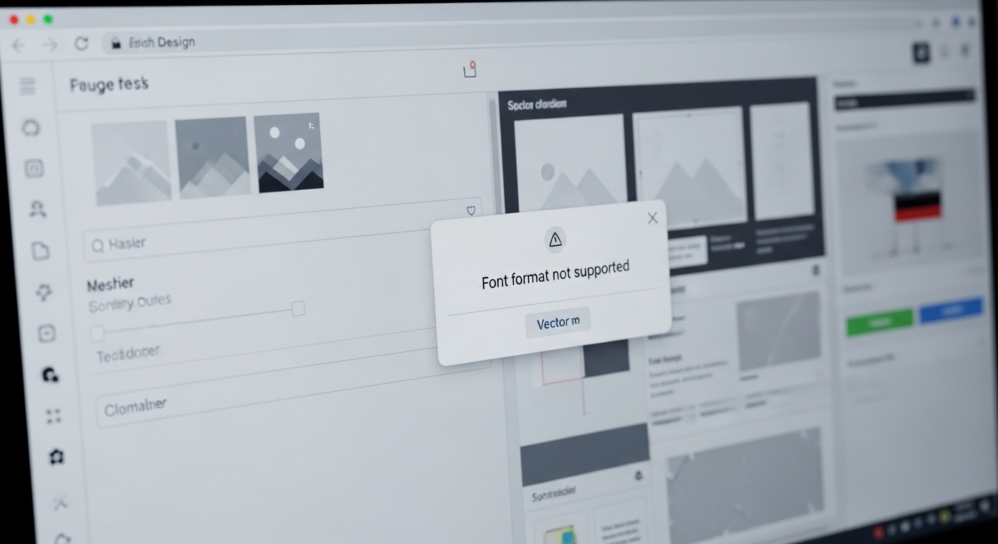 Màn hình máy tính hiển thị thông báo lỗi font không tương thích trên ứng dụng thiết kế, minh họa khó khăn khi tìm cách tải font chữ lên Canva thành công.