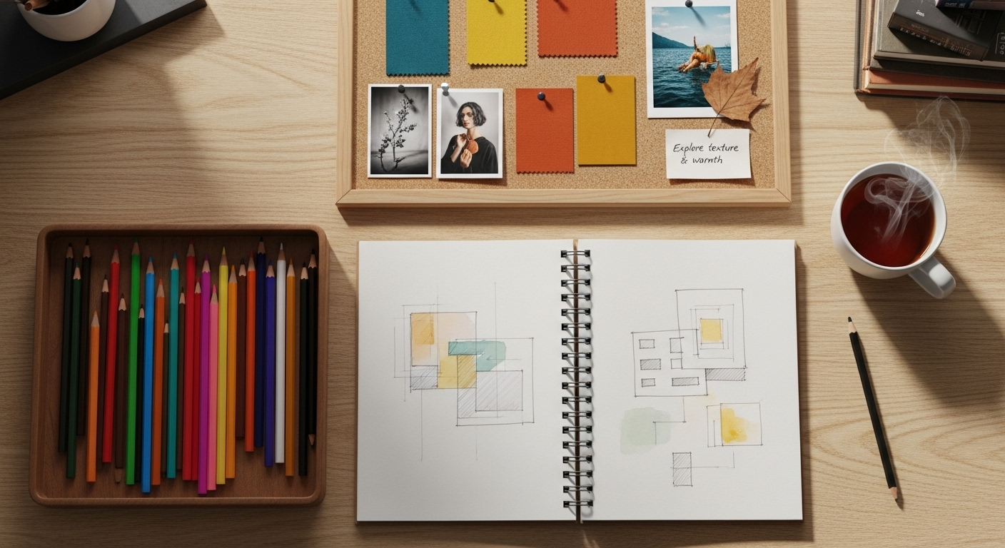 Bàn làm việc gọn gàng của nhà thiết kế với bút chì màu, sổ phác thảo và bảng cảm hứng, thể hiện giai đoạn sáng tạo ý tưởng. Từ đây, concept sẽ được phát triển trên các nền tảng số, sử dụng hiệu quả font việt hóa Canva để hoàn thiện.