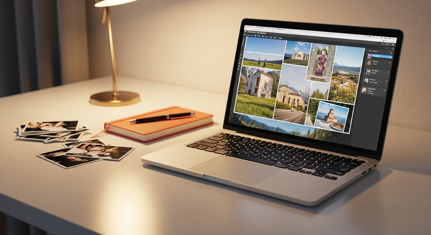 Tay đang sử dụng điện thoại để tạo và chỉnh sửa bố cục ảnh trên Canva. Màn hình hiển thị cách ghép ảnh trên Canva với nhiều hình ảnh nhỏ đầy màu sắc.