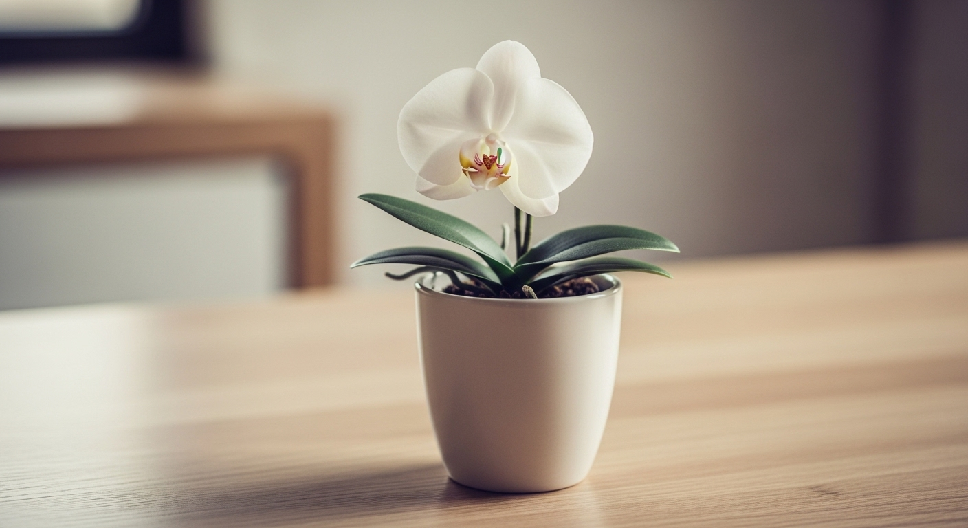 Ảnh hoa lan trắng tối giản, thanh lịch trong chậu gốm với filter vintage ấm áp. Bố cục hoàn hảo này nhấn mạnh tầm quan trọng của cách cắt ảnh trên Canva để tạo ra hình ảnh tinh tế.