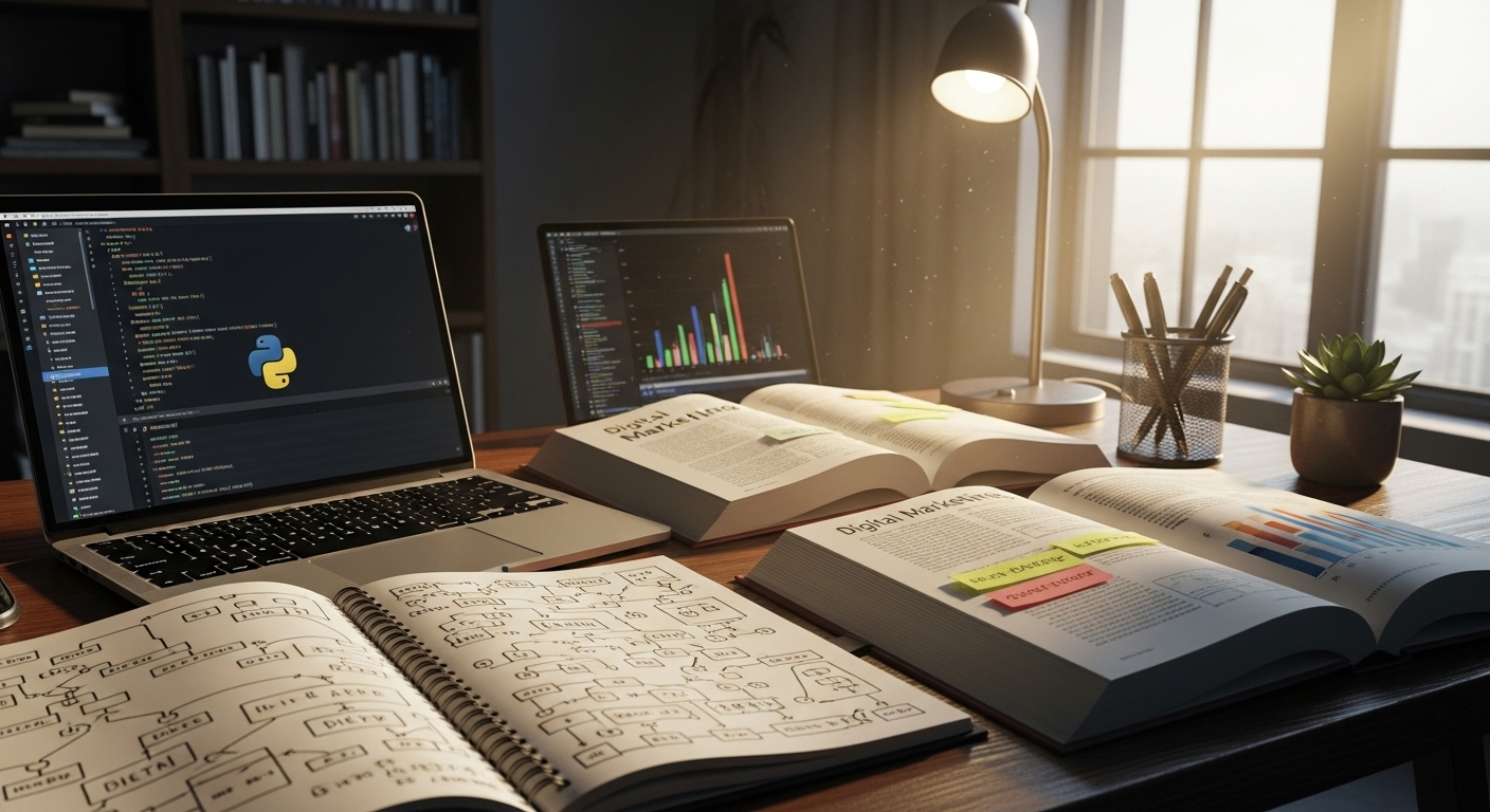 Bàn làm việc gọn gàng với sách marketing kỹ thuật số, laptop hiển thị code, và sổ tay phác thảo. Không gian thể hiện tinh thần học hỏi liên tục, phát triển kỹ năng cần thiết để tìm hiểu MMO là gì và kiếm tiền trực tuyến hiệu quả. Bàn làm việc gọn gàng với sách marketing kỹ thuật số, laptop hiển thị code, và sổ tay phác thảo. Không gian thể hiện tinh thần học hỏi liên tục, phát triển kỹ năng cần thiết để tìm hiểu MMO là gì và kiếm tiền trực tuyến hiệu quả.