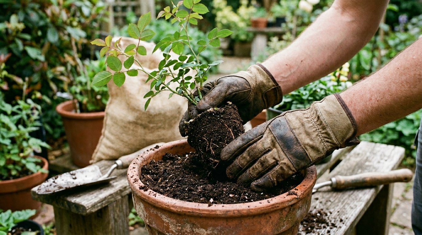 Bàn tay đeo găng nhẹ nhàng đặt cây hoa hồng con vào chậu đất, quy trình trồng các loại hoa hồng dễ trồng tại nhà Bàn tay đeo găng nhẹ nhàng đặt cây hoa hồng con vào chậu đất, quy trình trồng các loại hoa hồng dễ trồng tại nhà