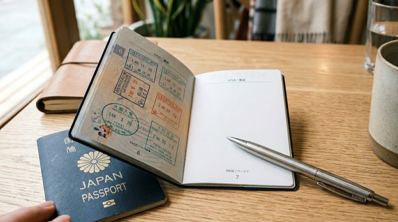 Hình ảnh cận cảnh một hộ chiếu Nhật Bản mở trên mặt gỗ sáng với trang visa trống và cây bút bạc đặt chéo, cùng thông tin về cach trong rau mam cu cai trang tai nha. Hình ảnh cận cảnh một hộ chiếu Nhật Bản mở trên mặt gỗ sáng với trang visa trống và cây bút bạc đặt chéo, cùng thông tin về cach trong rau mam cu cai trang tai nha.