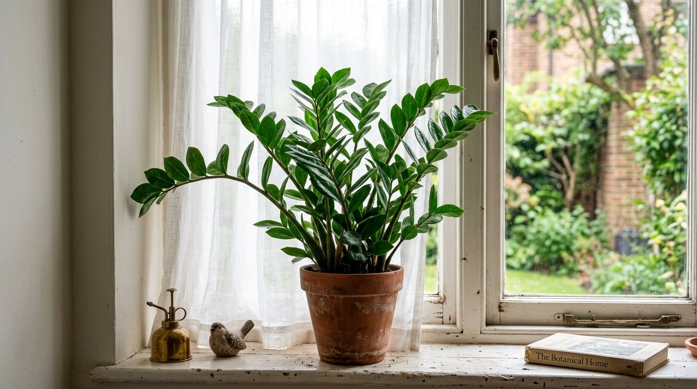 A thriving ZZ plant with glossy, upright leaves on a windowsill in diffused indirect sunlight, showcasing effective caring for ZZ plant. A thriving ZZ plant with glossy, upright leaves on a windowsill in diffused indirect sunlight, showcasing effective caring for ZZ plant.