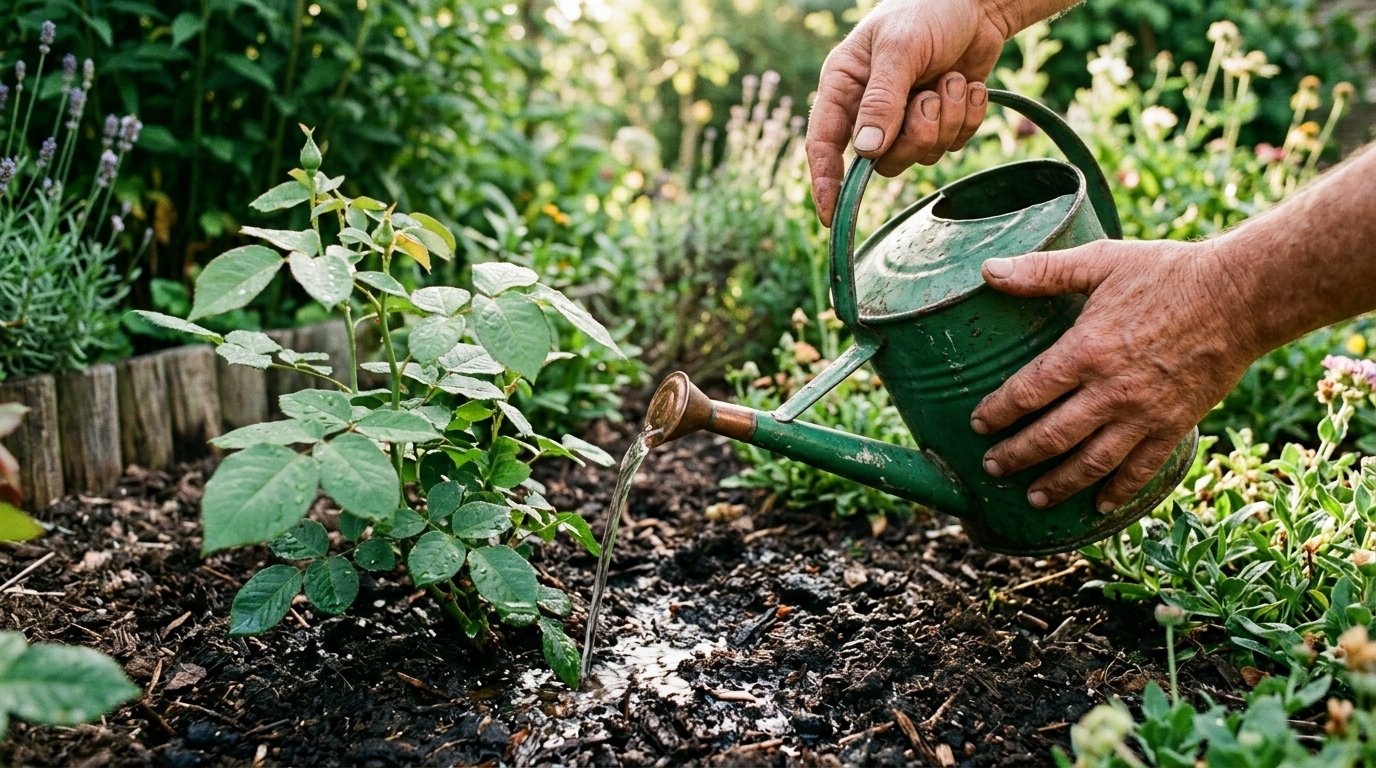Đôi tay đang dùng bình tưới màu xanh chăm sóc bụi hoa hồng non, một trong các loại hoa hồng dễ trồng tại nhà, trong ánh nắng ban mai. Đôi tay đang dùng bình tưới màu xanh chăm sóc bụi hoa hồng non, một trong các loại hoa hồng dễ trồng tại nhà, trong ánh nắng ban mai.