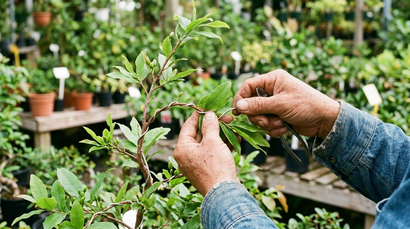 Bàn tay người làm vườn tỉ mỉ uốn nắn cành mai vàng con bằng dây kẽm để tạo dáng đẹp, đây là một phần quan trọng trong cách chăm mai vàng sau Tết. Bàn tay người làm vườn tỉ mỉ uốn nắn cành mai vàng con bằng dây kẽm để tạo dáng đẹp, đây là một phần quan trọng trong cách chăm mai vàng sau Tết.