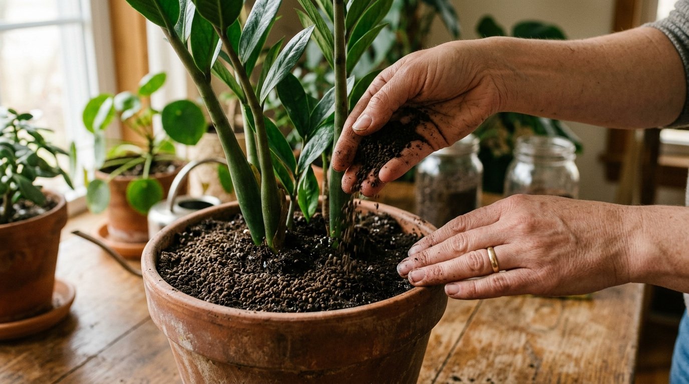 A persons hands gently apply organic granular fertilizer around the base of a potted ZZ plant, demonstrating proper ZZ plant care. A persons hands gently apply organic granular fertilizer around the base of a potted ZZ plant, demonstrating proper ZZ plant care.