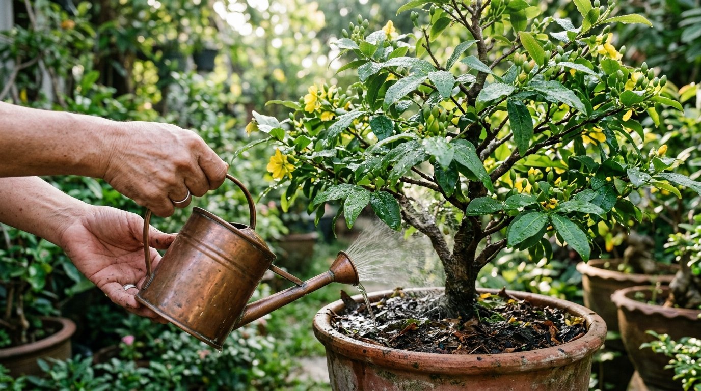 Đôi tay đang cẩn thận tưới nước cho cây mai vàng trong chậu, minh họa cách chăm mai vàng sau Tết để cây luôn xanh tốt. Đôi tay đang cẩn thận tưới nước cho cây mai vàng trong chậu, minh họa cách chăm mai vàng sau Tết để cây luôn xanh tốt.