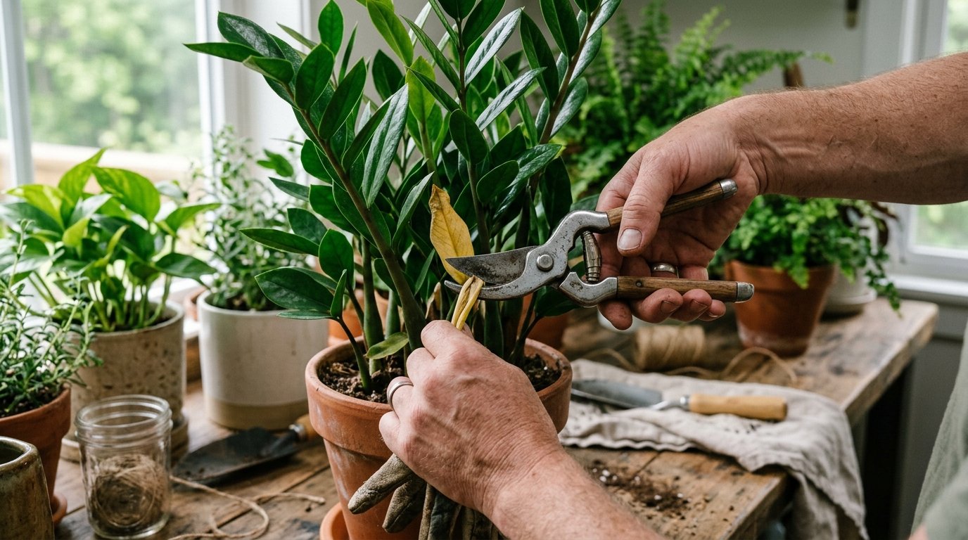 A persons hands carefully prune a yellowed leaf from a ZZ plant, illustrating an essential step in how to care for a ZZ plant. A persons hands carefully prune a yellowed leaf from a ZZ plant, illustrating an essential step in how to care for a ZZ plant.