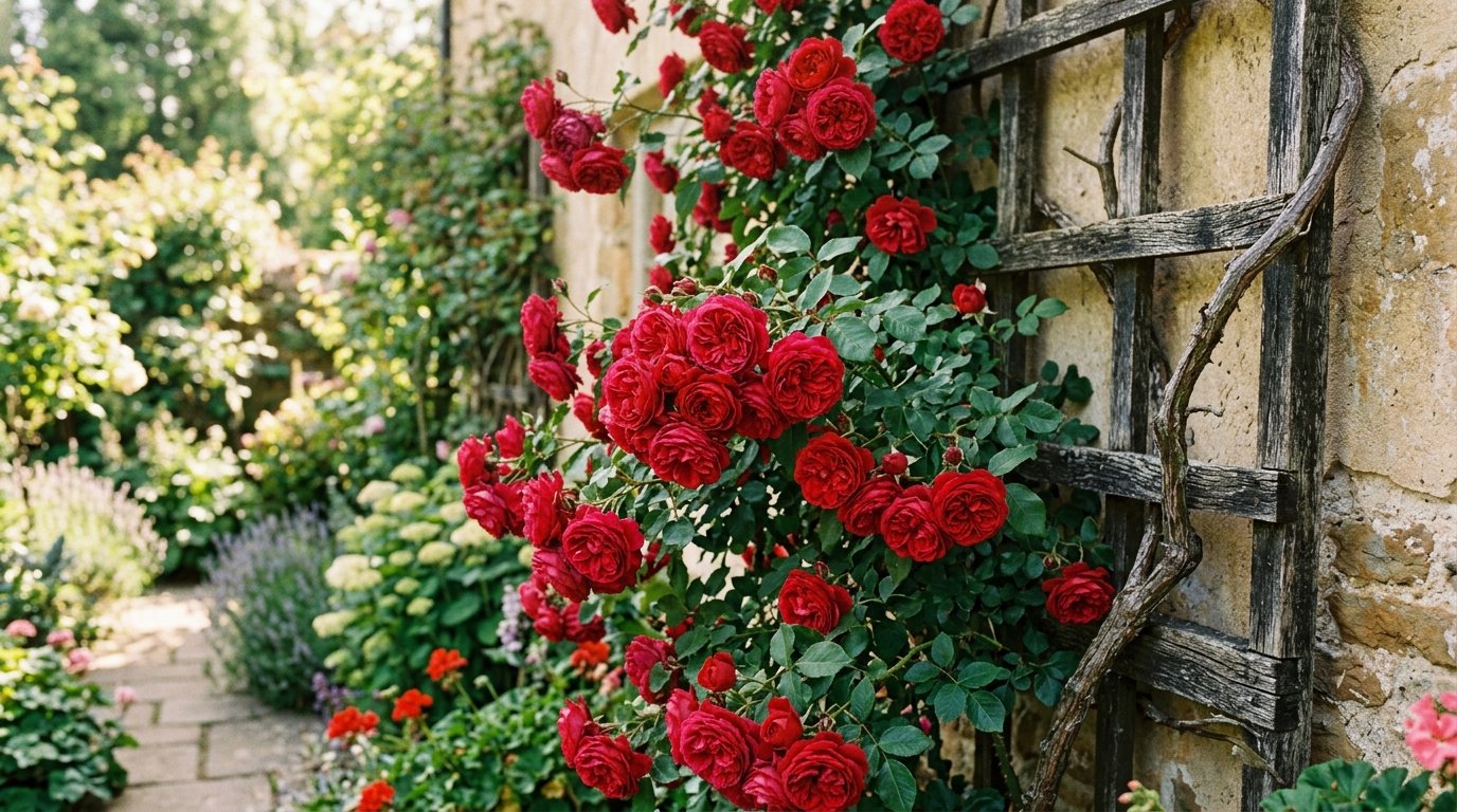 Hoa hồng leo Red Eden (Mộng Vy) đỏ rực rỡ nở thành chùm trên giàn gỗ mộc, đại diện cho các loại hoa hồng dễ trồng tại nhà mang lại vẻ đẹp ấn tượng. Hoa hồng leo Red Eden (Mộng Vy) đỏ rực rỡ nở thành chùm trên giàn gỗ mộc, đại diện cho các loại hoa hồng dễ trồng tại nhà mang lại vẻ đẹp ấn tượng.