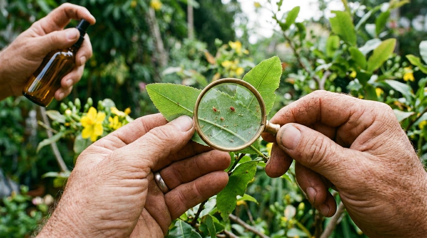 Cận cảnh bàn tay dùng kính lúp kiểm tra lá mai vàng để phát hiện sớm và phòng ngừa sâu bệnh, thể hiện cách chăm mai vàng sau Tết kỹ lưỡng. Cận cảnh bàn tay dùng kính lúp kiểm tra lá mai vàng để phát hiện sớm và phòng ngừa sâu bệnh, thể hiện cách chăm mai vàng sau Tết kỹ lưỡng.