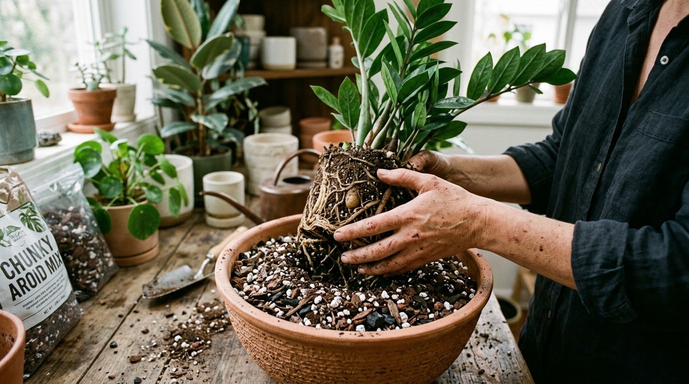 A persons hands gently repotting a ZZ plant, a key aspect of ZZ plant care, into a larger pot with fresh soil containing perlite and compost. A persons hands gently repotting a ZZ plant, a key aspect of ZZ plant care, into a larger pot with fresh soil containing perlite and compost.